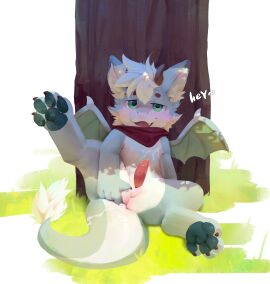 absurd_res animal_genitalia anthro anus ass blush bodily_fluids claws cum cum_inside cum_on_anus dragon genital_fluids genital_slit genitals hair hi_res humanoid inviting leaking_cum looking_at_viewer looking_pleasured lying male mythological_creature mythological_scalie mythology nude on_back pawpads paws penis presenting scalie scarf solo spread_anus spreading tail tongue white_hair wings zbernkastel