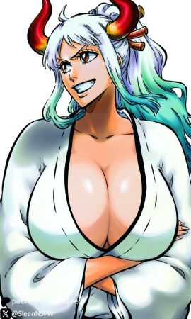 1girls ai_generated arms_crossed big_breasts breasts busty cleavage clothed clothed_female clothing crossed_arms female huge_breasts kimono looking_away mature_female one_piece sleen smile smiling voluptuous voluptuous_female yamato_(one_piece)