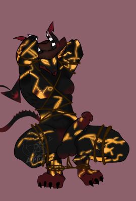 anthro balls big_penis black_body claws clothing demon dragon empty_eyes erection fangs genitals glowing glowing_eyes hat headgear headwear helluva_boss hi_res horn male muscular muscular_anthro muscular_male mythological_creature mythological_scalie mythology nipples nude penis satan_(helluva_boss) scalie solo tail teeth uppy_manguito wings yellow_eyes