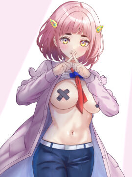 1girls adult areola_slip areolae bare_belly bare_chest bare_midriff bare_skin belly belly_button blush blush_lines blushing blushing_female boobs breasts cleavage closed_mouth cross_pasties dot_nose elbows female female_focus female_only fingers fingers_crossed game_freak grey_shirt hair_ornament hair_ornaments high_resolution highres hourglass_figure jeans lacey_(pokemon) large_breasts light-skinned_female light_skin lips looking_at_viewer medium_breasts medium_hair naked naked_female navel nintendo nipple_pasties nude nude_female pink-haired_female pink_hair pokemon pokemon_sv pokemon_sv_indigo_disk shirt short_hair simple_background slender_body slender_waist slim_female slim_waist smile smiling smiling_at_viewer solo standing thin_waist thunder_cross_split_attack underboob upper_body upshirt white_background wide_hips x_pasties yellow-eyed_female yellow_eyes zea_(zeamilky)