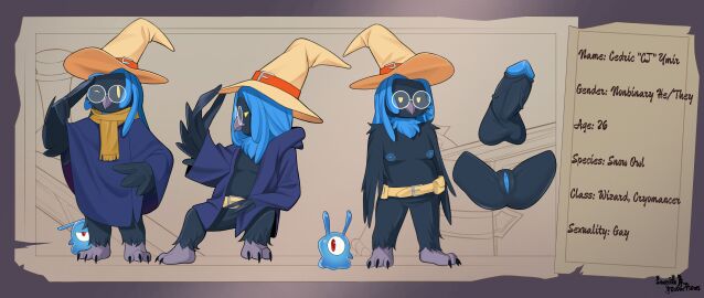 2024 absurd_res anthro areola avian balls blue_hair breasts clothed clothing disembodied_penis erection exposed_breasts eyewear feathers female fully_clothed genitals glasses hair hat headgear headwear hi_res humanoid_genitalia long_hair looking_at_viewer male narrowed_eyes nipples nude partially_clothed penis pussy robe scarf sitting slightly_chubby solo sonofan standing standing_position yellow_eyes