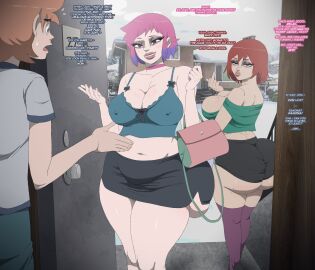 1boy 2024 2girls ass big_breasts black_shorts breasts cleavage contingency dialogue female huge_ass kim_pine large_breasts male part_of_a_set ramona_flowers red_hair scott_pilgrim source_request text