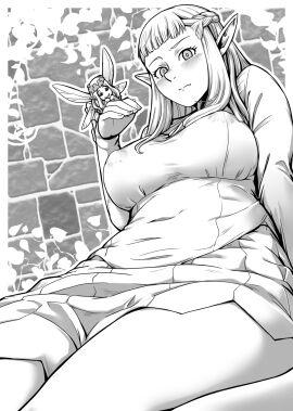 2020 2girls big_breasts blush breasts dungeon_meshi duo elf erect_nipples fairy fairy_(dungeon_meshi) female kobamiso_(kobalt) long_hair looking_at_viewer low-angle_view nipple_bulge nipples pattadol pointy_ears smile thighs wings