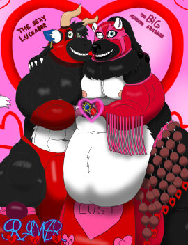 alythewolfcat anthro bear belly big_belly big_bulge black_body black_fur bulge duo ear_piercing ear_ring english_text fur giant_panda gorix heart_sign hi_res huge_belly huge_bulge husband_and_husband hyper hyper_bulge jason_julardas lucas_mcfist luchador male mammal married_couple piercing ring_piercing spanish_fighting_bull sumo_wrestler text wrestler