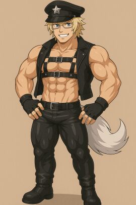abs bara blake_howell blake_howell_(utau) blonde_hair blue_eyes bulge bulge_through_clothing gay glasses harness kemonomimi leather leather_boots leather_clothing leather_gloves leather_harness leather_pants leather_vest muscular muscular_arms muscular_legs muscular_male muscular_pecs tight_clothing utau wolf_ears wolf_tail yaoi