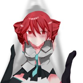 1girls 2d blush blush_lines digital_media_(artwork) female female_focus female_only full_body fully_clothed hatsune_miku_(cosplay) high_socks kasane_teto not_porn red_eyes red_hair safe_for_work sheorderednopickles solo sweating twin_drills twintails twintails_(hairstyle) utau vocaloid