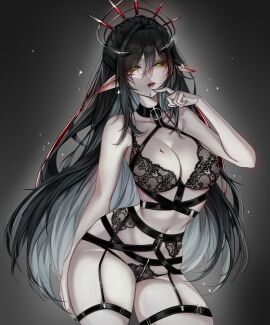 black_sclera dark_hair green_eyes indie_virtual_youtuber layna_lazar lingerie pale_skin pointy_ears syringes virtual_youtuber