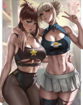 2024 2d 2d_(artwork) 2girls amber_eyes arm_around_shoulder artist_name bandaid black_buruma black_sports_bra blonde-haired_female blonde_hair blue_crop_top breasts brown-haired_female brown_eyes brown_hair buruma cleavage clothed clothed_female crop_top dandon_fuga female female_only fully_clothed hair_bun hand_on_hip himiko_toga large_breasts looking_at_viewer midriff miniskirt my_hero_academia navel no_sex ochako_uraraka pantyhose ponytail questionable skirt sports_bra sportswear thighhighs toga_himiko torn_thighhighs uraraka_ochako v white_border white_skirt yellow_eyes