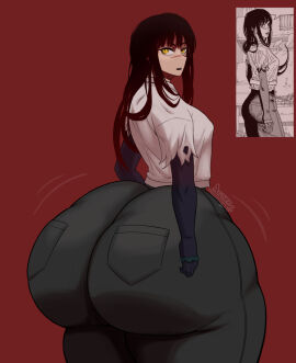 1girls arusen ass ass_bigger_than_head ass_bigger_than_torso ass_body big_ass black_hair bottom_heavy bubble_ass bubble_butt chainsaw_man fat_ass female female_only huge_ass hyper hyper_ass large_ass looking_at_viewer looking_back massive_ass pants shirt solo thick_ass thick_thighs thunder_thighs wide_hips yellow_eyes yoru_(chainsaw_man)
