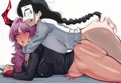 1futa 1girls :p ai_generated blue_archive breast_press breasts_on_back drooling futanari headlock hypnosis large_breasts mixxie prone_bone satsuki_(blue_archive) sensei_(blue_archive) sex snot stomach_bulge tagme