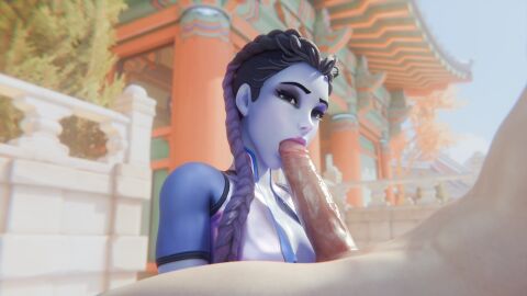 1boy 3d blizzard_entertainment braided_hair breasts fellatio female fraxxlr french_female just_the_tip large_penis light-skinned_male light_skin male oral outside overwatch overwatch_2 penis purple_skin small_breasts widowmaker