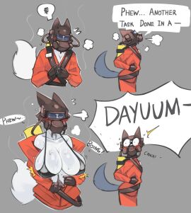 1boy 1girls 2020s 2023 2d 2d_(artwork) big_breasts black_bra black_hair black_sclera blush bra breasts collarbone dialogue english english_text female fluffy fluffy_tail fur furry furry_female furry_only gas_mask hammerspace hi_res hidden_buxom highres jisoo_(tianiseul) jumprope jumpsuit larger_female lethal_company male smaller_male steaming steamy sweat sweatdrop sweating sweaty sweaty_body tail tianiseul unzipped unzipped_jumpsuit white_fur wolf wolf_ears wolf_girl