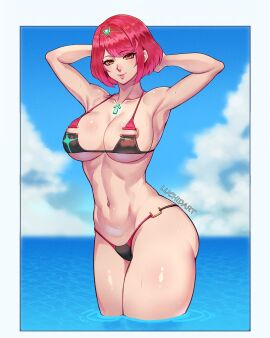 1girls abs athletic athletic_female big_breasts breasts chest_jewel cowboy_shot female female_abs fit fit_female florida_bikini high_res looking_at_viewer luchidart milf navel nintendo orange_eyes pyra red_hair short_hair smile swept_bangs tiara xenoblade_(series) xenoblade_chronicles_2