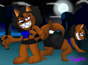 all_fours ass ass_focus ass_up big_ass booty_shorts bootytoon breasts claws curly_hair curvy curvy_figure fat_ass female freckles furry furry_ass glowing_eyes night original original_character outside purple_eyes sharp_claws sharp_teeth tail teeth thick_ass thick_thighs thighs tori_tunies voluptuous voluptuous_female werewolf werewolf_girl wolf