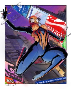 acezdib ass breast_mounds breasts curvy female female_only flying large_ass large_breasts marvel marvel_comics mayday_parker product_placement red_suit solo spider-girl spider-man_(series) suit superhero webbing webs