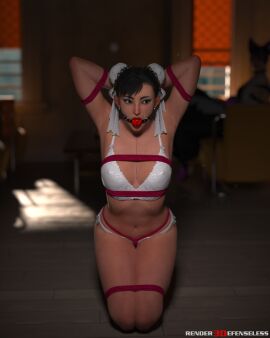 2girls 3d ball_gag bondage bound bound_arms bound_legs bra chun-li female female_only gag kneeling panties rendereddefenseless street_fighter street_fighter_6 underwear white_bra white_panties white_underwear