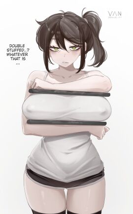 1girls 2025 artist_name black_hair breast_squeeze breasts clothed female female_only large_breasts light-skinned_female light_skin looking_at_viewer milf nipples nipples_visible_through_clothing ponytail renee_graves solo the_coffin_of_andy_and_leyley thighhighs vaniste watermark wide_hips yellow_eyes