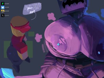 1boy 1girls areolae ass axe big_breasts blocky_anatomy blocky_body blue_background bluesky_link breast_piercing breasts cassie_rose_(mcsm) crossover crt_effect deviantart_link elliot_(forsaken) elliot_(work_at_a_pizza_place) english_dialogue english_text fat_breasts fat_tits female forsaken_(roblox) glowing_eyes head_out_of_frame highlighted_text huge_breasts imminent_sex jiggling_breasts large_breasts male massive_breasts microsoft minecraft minecraft:_story_mode mojang murderer newgrounds_link nipple_piercing nipples piercing pixiv_link pumpkin_head purple_body purple_lighting purple_nipples purple_pants red_shirt red_visor roblox roblox_game robloxian shirt_down speech_bubble starstar000 sweat sweating telltale_games text the_white_pumpkin thick_ass thick_thighs tool_belt twitter_link yellow_eyes