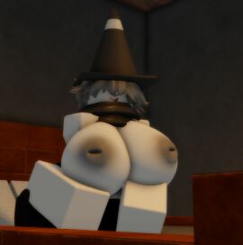 1girls 3d :p bed bedroom beial_(goofy_lookin) big_breasts blep breasts cone_hat female goofylookin grey_hair inverted_nipples large_breasts light-skinned_female light_skin looking_at_viewer roblox scarf short_hair sitting_on_bed solo_female solo_focus sticking_out_tongue topless topless_female
