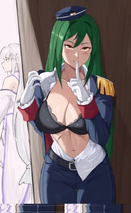 akihitoevon belt black_bra bra crusch_karsten cuffs cuffs_(clothing) emilia_(re:zero) gloves green_hair navel re:zero_kara_hajimeru_isekai_seikatsu seducing seductive seductive_eyes seductive_look seductive_pose seductive_smile shoulder_pads shushing silence_gesture undressing