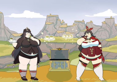 2girls amber_(genshin_impact) bbw belly breasts brown-haired_female brown_hair chest chubby chubby_female clouds duo duo_female duo_focus fat fat_female fat_fetish feeding female female_focus female_only food genshin_impact goggles goggles_around_neck hat hoyoverse hu_tao_(genshin_impact) light-skinned_female light_skin liyue_girls mihoyo mihoyo_technology_(shanghai)_co._ltd. mondstadt_girls multiple_females multiple_girls overweight overweight_female ribbon ribbon_in_hair sky ssbbw standing weight_gain