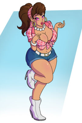 ass big_breasts big_lips bimbo bimbo_body bimbo_lips breasts breasts_bigger_than_head brown_hair bubble_butt cleavage country_girl crop_top cruiser_d.va d.va denim_shorts fat_ass female gold_hoop_earrings hoop_earrings hourglass_figure hourglass_figured_female huge_breasts jean_shorts mole_under_eye nipple_bulge nipples nipples_visible_through_clothing overwatch overwatch_2 overwatch_league pearl_necklace seductive seductive_look thick_thighs voluptuous voluptuous_female wide_hips wrenzephyr2