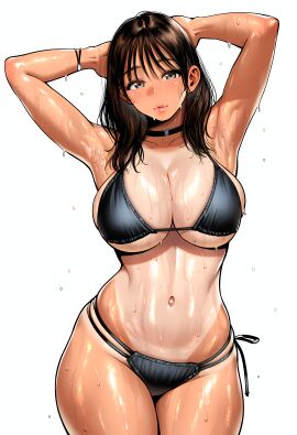 armpits arms_up bikini choker large_breasts solo solo_female tanline wet_skin