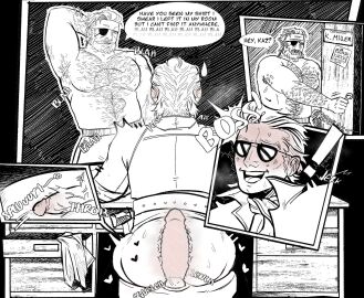 1boy 2boys big_boss clothed_sex comic comic_page comic_panel dialogue dildo dildo_in_ass dildo_penetration dildo_riding dildo_sitting eye_patch eyepatch gay hairy hairy_male kazuhira_miller male masturbation metal_gear metal_gear_solid naked_snake niakku public_sex walk-in walked_in_on watching