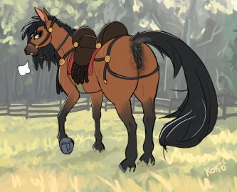 2025 animal_genitalia animal_pussy animal_vulva anus ass black_anus black_vulva bodily_fluids breath brown_body colored digital_media_(artwork) equid equine equine_genitalia equine_pussy equine_vulva female female_feral fence feral feral_only furry genital_fluids genitals grass grassy_field hooves long_tail mammal open_mouth plant presenting presenting_hindquarters pussy queenkoko raised_leg saddle solo tail tail_aside teeth tree underhoof vaginal_fluids vulva