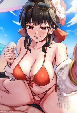 1boy 1girls artist_name bare_shoulders beach bikini black_shorts breasts cameltoe choker cleavage cloud collarbone commander_(nikke) cowgirl_position eyebrows_visible_through_hair female flower flower_in_hair fuhikari goddess_of_victory:_nikke hair_ornament hand_on_thigh large_breasts looking_at_viewer male medium_hair off_shoulder official_alternate_costume open_mouth pov purple_eyes pussy red_bikini sakura_(bloom_in_summer)_(nikke) sakura_(nikke) seaside side-tie_bikini sitting_on_person sky smile straddling straight sunglasses sunglasses_on_head sweat swimsuit teeth tongue underwear water white_shirt wou_buguon