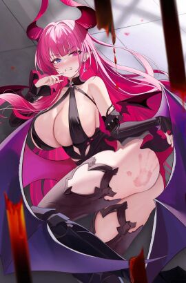 ass azur_lane bare_shoulders black_dress black_thighhighs blue_eyes blush boots breasts cg cleavage clenched_teeth demon_girl demon_horns demon_wings detached_sleeves dress earrings female heterochromia horns huge_breasts jewelry large_breasts long_hair looking_at_viewer mecklenburg_(azur_lane) pink_eyes pink_hair pointy_ears revealing_clothes solo teeth thighhighs thighs wings