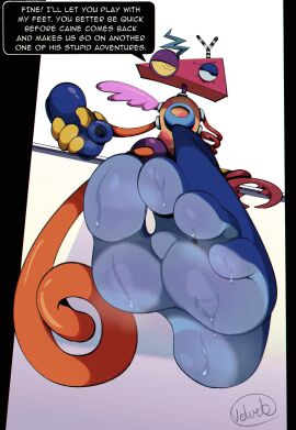 4_toes blue_feet feet foot_fetish holding_shoes looking_away speech_bubble sweaty sweaty_feet the_amazing_digital_circus velveteksotica zooble_(the_amazing_digital_circus)