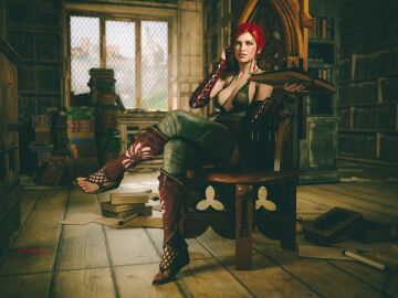 3d bikini_top books evacyn female leather_boots leather_cuffs library open_toe_shoes red_hair sandals sitting_in_chair the_witcher_(series) the_witcher_3:_wild_hunt triss_merigold