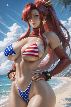 1girls 4th_of_july ai_generated american_flag_bikini arm_warmer arm_warmers beach beachside blue_sky bracelet breasts clouds day day_time fourth_of_july hair_accessory high_res hires hourglass_figure leg_warmers narrow_waist pony_tail red_hair scarf tengen_toppa_gurren_lagann under_boob united_states united_states_of_america upscaled wide_hips yoko_littner