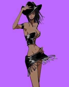 1girls black_hair breasts clothed clothing covering_breasts cowboy_hat curvy curvy_figure female female_only guaguapiu hand_on_hip looking_at_viewer midriff midriff_baring_shirt nico_robin nico_robin_(pre-timeskip) one_piece pre-timeskip short_skirt skinny skirt smirk smirking_at_viewer tan_body tan_skin thin_waist