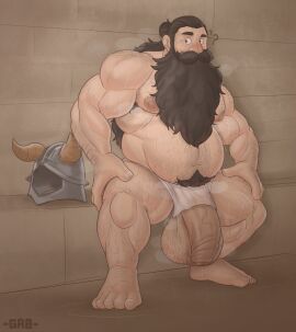 1boy balls bara beard belly brown_hair dungeon_meshi dwarf facial_hair fake_horns flaccid full_body gab_art hairy helmet highres horned_helmet horns huge_balls huge_cock huge_testicles large_pectorals long_beard male male_focus male_only moobs moustache muscular muscular_male musk navel navel_hair nipples nude obese pectorals penis senshi_(dungeon_meshi) sitting solo solo_male steam sweat sweating testicles thick_eyebrows thick_mustache thick_navel_hair topless_male towel_around_waist uncensored unworn_headwear unworn_helmet very_long_beard yaoi