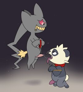 aaron_amethyst absurd_res anthro banette bodily_fluids bondage bound collar drooling duo facial_piercing generation_3_pokemon generation_6_pokemon genitals hi_res kneeling leash male male/male nintendo nose_piercing nose_ring open_mouth oral pancham penis piercing pokemon pokemon_(species) ring_piercing saliva smile tongue tongue_piercing zipper zipper_mouth