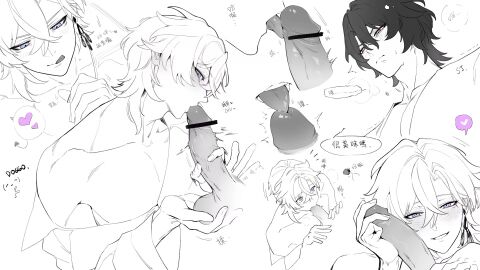 aventurine_(honkai:_star_rail) balls_fondling big_penis black_and_white blowjob dr._ratio_(honkai:_star_rail) gay gay_blowjob gay_sex penis pretty_boy slit_licking yaoi