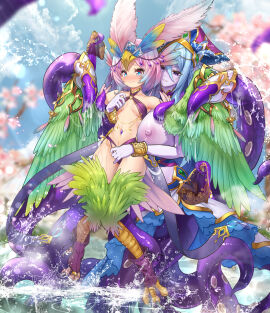 2girls absurdres animal_ears bird_ears bird_legs bird_tail blue_hair blue_pupils blush breasts carol_(clover_theater) clover_theater colored_skin commentary_request consensual_tentacles feathers female green_feathers green_wings hair_ornament harpy headdress highres imola_(clover_theater) jewelry large_breasts long_hair monster_girl multiple_females multiple_girls navel pink_hair purple_eyes purple_skin red_eyes scylla slime_(substance) small_breasts tail talons tentacle veil_removed water winged_arms wings xiaomu314 yuri