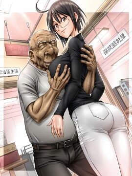 1boy age_difference bald black_sweater brown_eyes brown_hair fat_man female glasses groping_breasts huge_ass huge_breasts old_man older_male older_male_and_younger_female servant_x_service white_pants yamagami_lucy