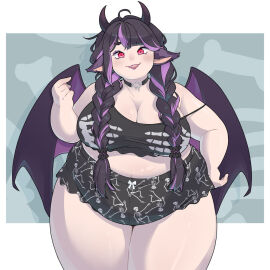 1girls bbw belly belly_overhang big_belly big_breasts big_hips big_legs big_thighs breasts choker chubby chubby_arms chubby_belly chubby_cheeks chubby_female curvy curvy_figure demon demon_girl demon_horns demon_wings fat_legs fat_thighs female female_human front_view huge_thighs large_breasts large_thighs moomo_(morningpanda) morningpanda pajamas plump puffy_cheeks red_eyes simple_background solo_female thick_eyebrows thick_thighs top voluptuous voluptuous_female wide_hips wings