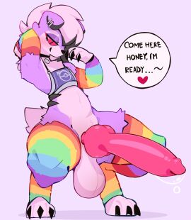 absurd_res animal_genitalia animal_penis balls canid canine canine_genitalia canine_penis clothing collar crouching donnie_(cosmicmewtwo) ear_piercing erection fur generation_7_pokemon genitals hi_res lycanroc male mammal midnight_lycanroc multicolored_body multicolored_clothing multicolored_fur neceet nintendo penis piercing pokemon pokemon_(species) purple_body purple_fur rainbow_clothing red_eyes smile white_body white_fur