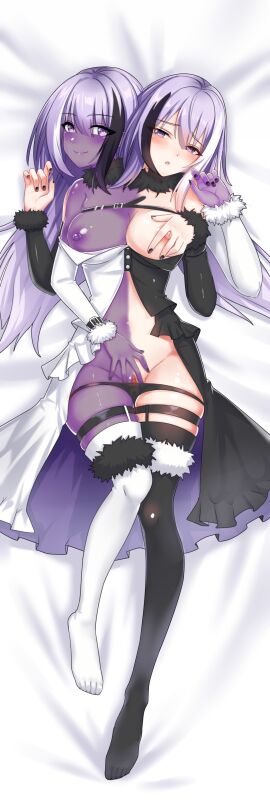 absurdres blush colored_skin conjoined extra_arms highres incredibly_absurdres multiple_heads on_bed original purple_skin selfcest white_skin xuecheng yuri