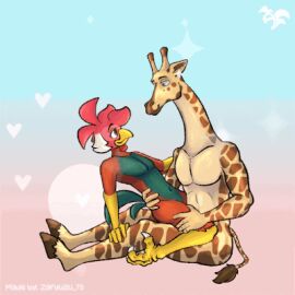 animated anthro avian bird chicken digital_media_(artwork) duo galliform gallus_(genus) giraffe giraffid kiss_on_lips live2d low_res male male/male mammal nude phasianid simple_background zaryuzu_73