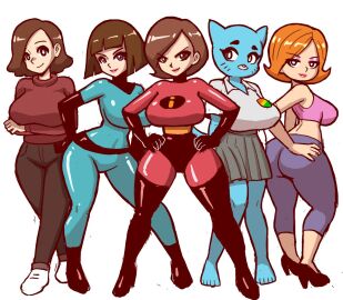2_bodysuits 5girls ass big_ass black_hair bodysuit brown_hair cartoon_network cat_ears cat_girl cat_tail catgirl clothed clothed_female crossover danny_phantom debbie_turnbull debs_turnbull disney female female_only furry furry_female helen_parr hilda_(series) johanna_(hilda) madeline_fenton milf milfs mossyfroot mother multiple_females multiple_girls netflix nicole_watterson orange_hair pixar robotboy short_hair standing sweater the_amazing_world_of_gumball the_incredibles thick_ass yoga_pants