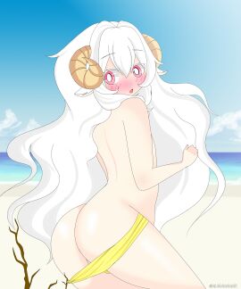 1boy adult alisananar ass beach big_ass big_butt boy curly_hair digital_media_(artwork) femboy femboy_only long_hair male original original_character penis pink_eyes sheep sheep_horns small_penis soft_ass solo solo_femboy swimsuit white white_hair