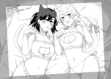 2girls absurdres animal_ears breasts cat_ears cat_lingerie commission female highres irene_(ricky_barnes) jewelry large_breasts maya_(ricky_barnes) meme_attire monochrome multiple_females multiple_girls navel on_bed original paw_pose ribbon ring sekihara_umina skeb_commission stomach tail tail_ornament tail_ribbon wedding_ring