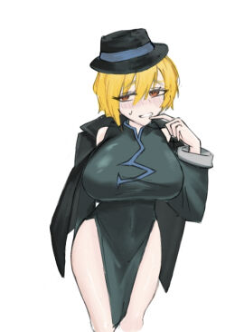 1girls bare_legs bare_shoulders big_breasts blonde_hair blush breasts chinese_clothes cinq_association_(identity)_(project_moon) detached_sleeves don_quixote_(limbus_company) female female_only hat headwear huge_breasts jacket jacket_off_shoulders limbus_company navel navel_visible_through_clothes pelvic_curtain project_moon qipao short_hair simple_background skindentation smile solo thick_thighs white_background yellow_eyes