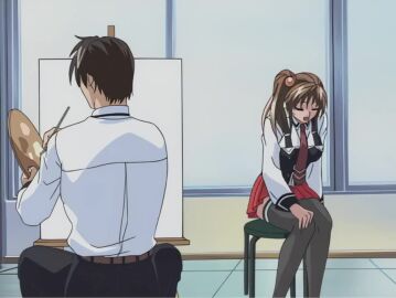 00s 1boy 1girls 2001 2003 angry animated anime_screenshot ass bent_over bible_black bible_black_night_of_the_walpulgiss black_thighhighs bowtie breasts brown_hair cameltoe clothes_lift crossed_legs easel english_subtitles english_text female female_focus green_eyes hands_on_own_hips imari_kurumi large_breasts leaning_forward legs minase_taki modeling paint painting_(medium) palette palette_(object) panties pantyshot running scared school_uniform short_hair side_ponytail sitting skirt skirt_lift smile solo sound striped_clothes striped_panties tagme thighhighs thighs underwear video walking