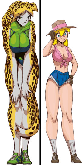 2girls bare_arms bare_legs bare_shoulders bare_thighs big_breasts blonde_hair blue_eyes breasts britanny_diggers cheetah cheetah_ears cheetah_girl clothed clothing color female female_focus female_only fred_perry furry gina_diggers glasses gold_digger hat hi_res large_breasts light-skinned_female light_skin long_hair looking_at_viewer solo_female tagme tail thick_thighs